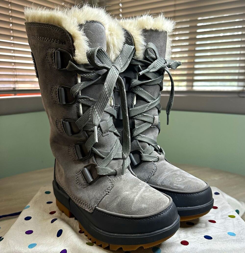 Sorel Tivoli IV Tall Waterproof Faux Fur Trim Suede Lace-Up Boots Gray 5